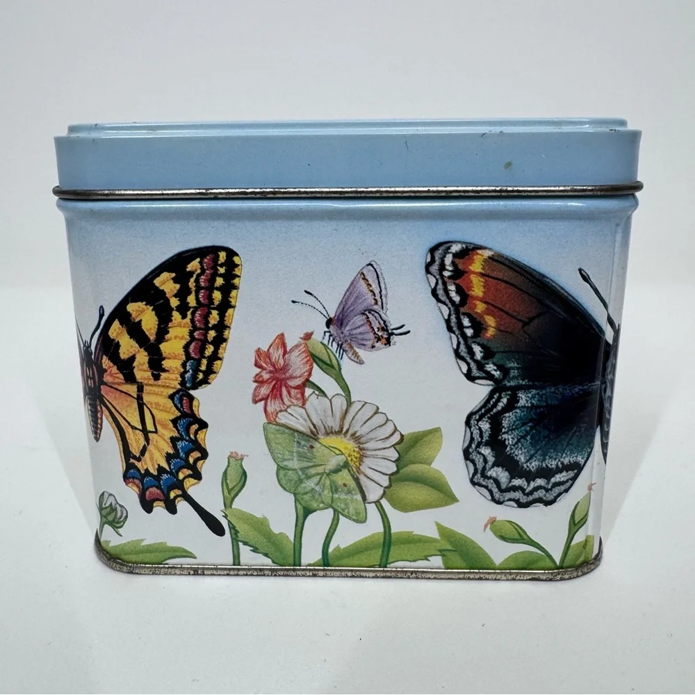 Early 90’s Vintage Butterfly & Flower Print Square Tin Box With Lid